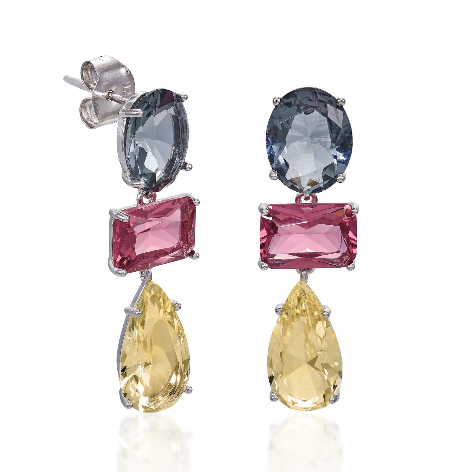 Pendientes de plata con piedras de colores en talla redonda esmeralda y pera