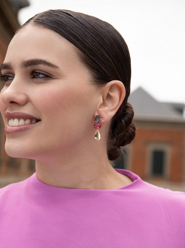 Pendientes de plata con piedras de colores en talla redonda esmeralda y pera