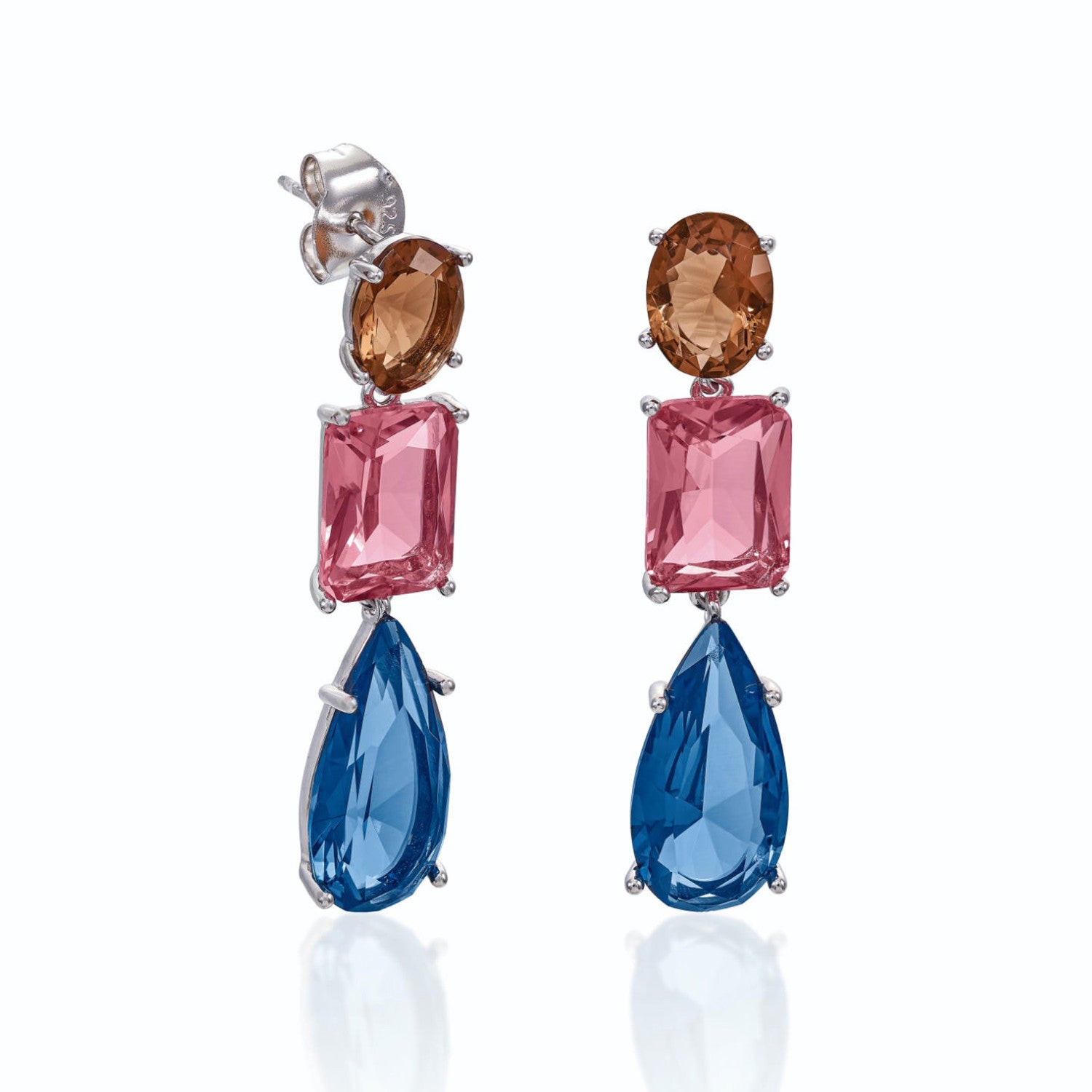 Boucles d'oreilles en argent ornées de pierres colorées de tailles et de nuances différentes