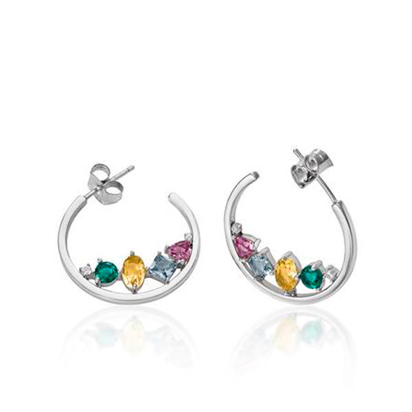 Boucles d'oreilles créoles ornées de pierres mosaïques multicolores et de zirconiums cubiques