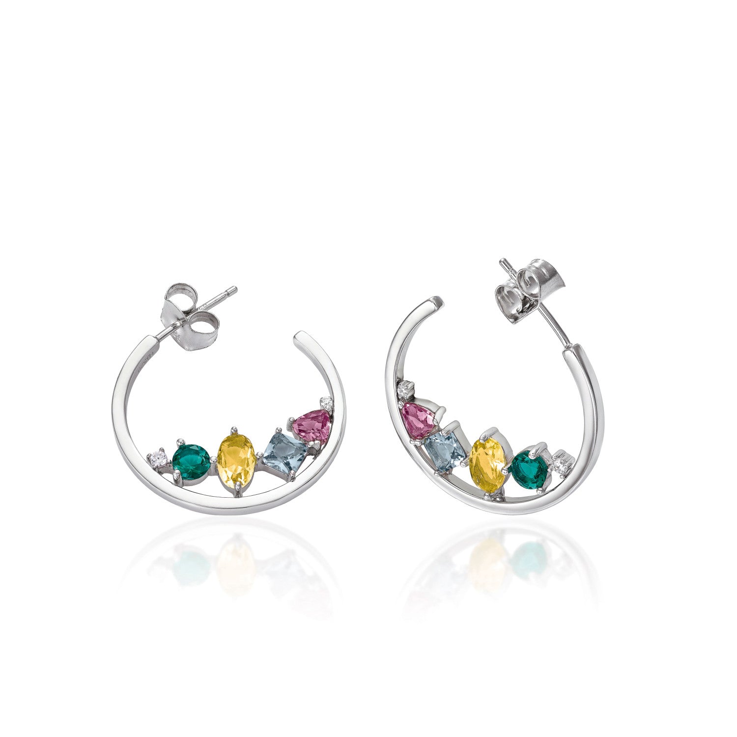 Hoop earrings with multicolored mosaic stones and cubic zirconia