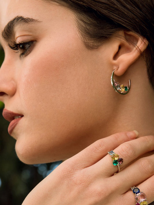 Hoop earrings with multicolored mosaic stones and cubic zirconia