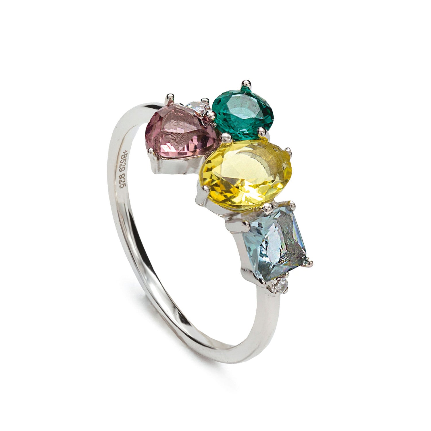 Rings with multicolored mosaic stones and cubic zirconia