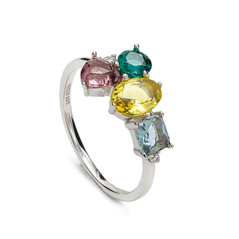 Rings with multicolored mosaic stones and cubic zirconia