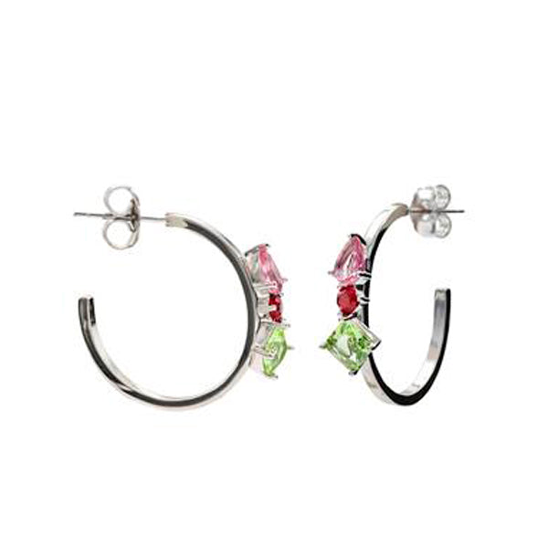 Hoop earrings with stones, design of three adamantine quartz