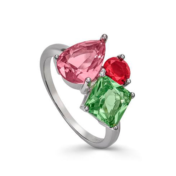 Rings with multi-shaped three-gem design stones