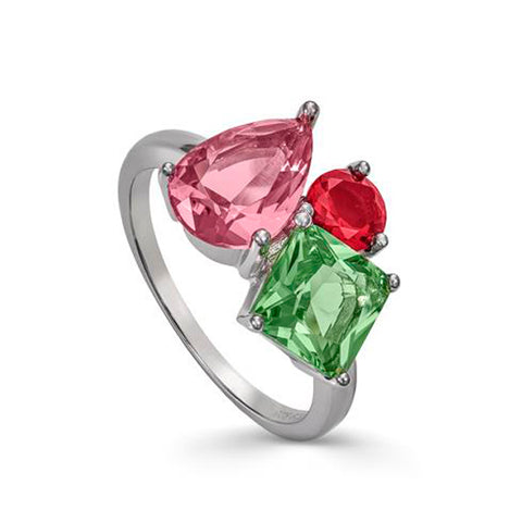 Rings with multi-shaped three-gem design stones