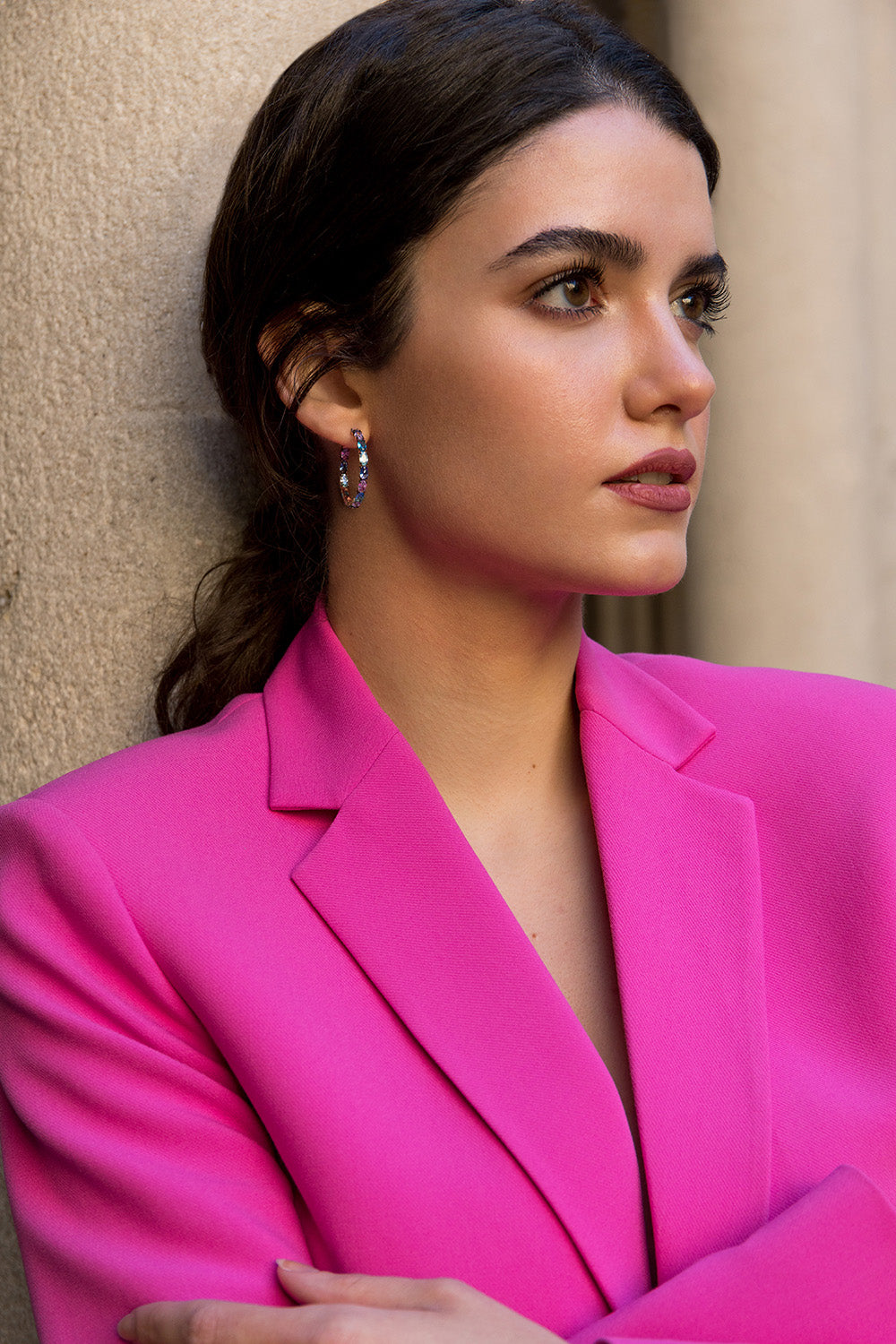 Pendientes aro pequeños diseño de gemas en tonos agua