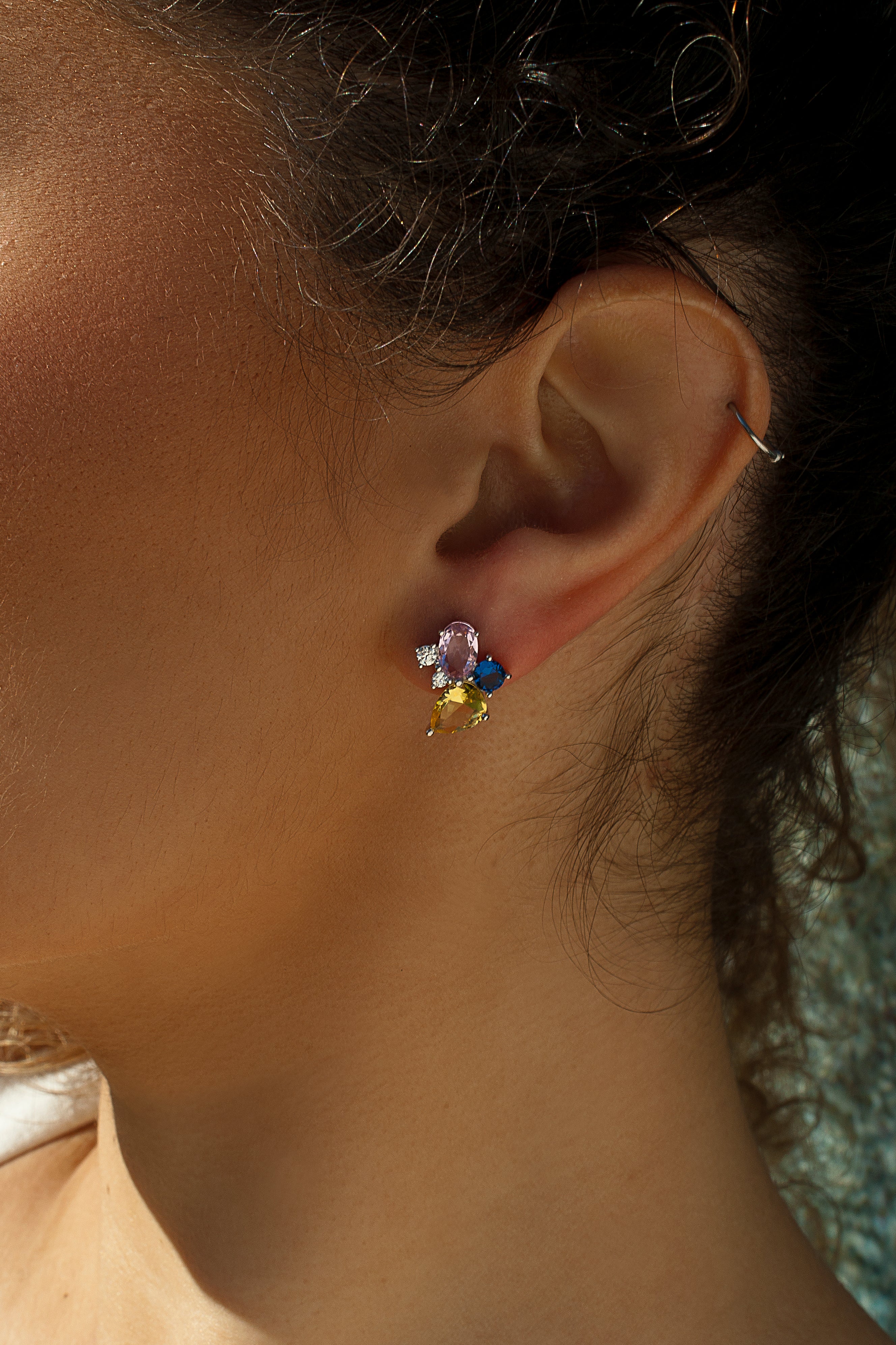 Earrings with colored stones button style in bright tones