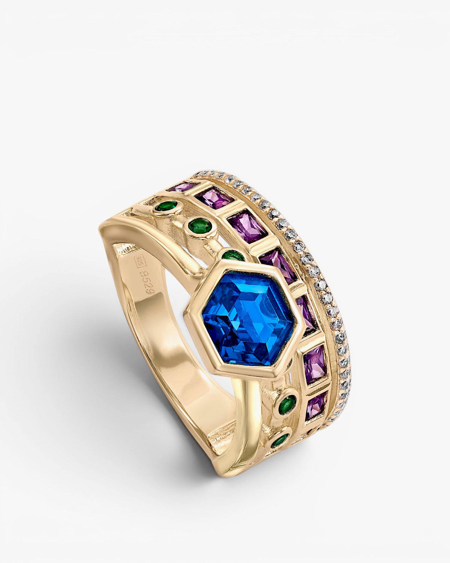 Anillos con piedras motivo central exagonal tono azul