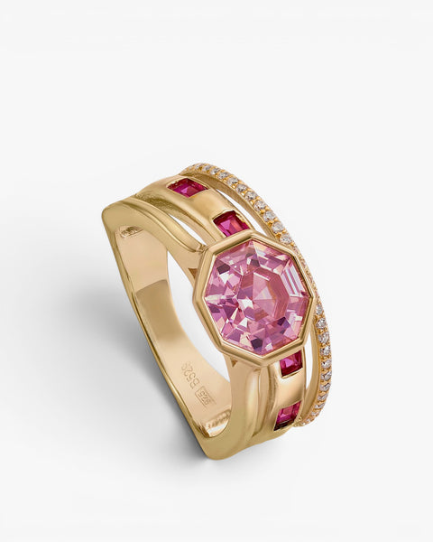Anillos con piedras motivo exagonal central en tono rosado