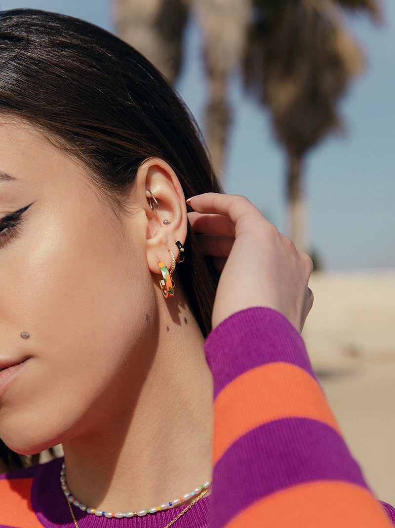 Fuchsia pink floral enamel hoop earrings