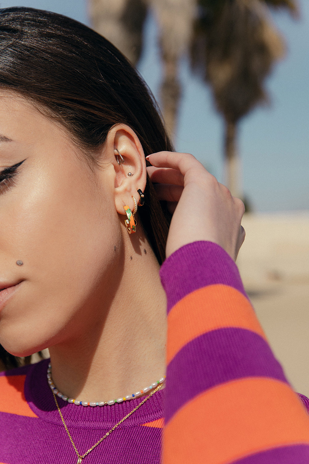 Fuchsia pink floral enamel hoop earrings