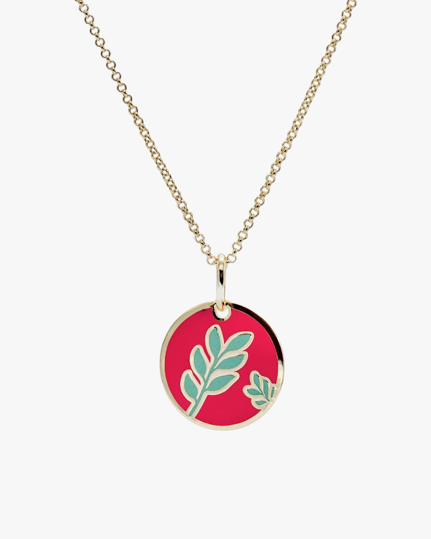 Collier médaillon en argent à motif floral émaillé rose fuchsia