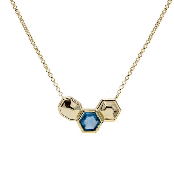 Necklaces with blue-toned stones, triple hexagonal design