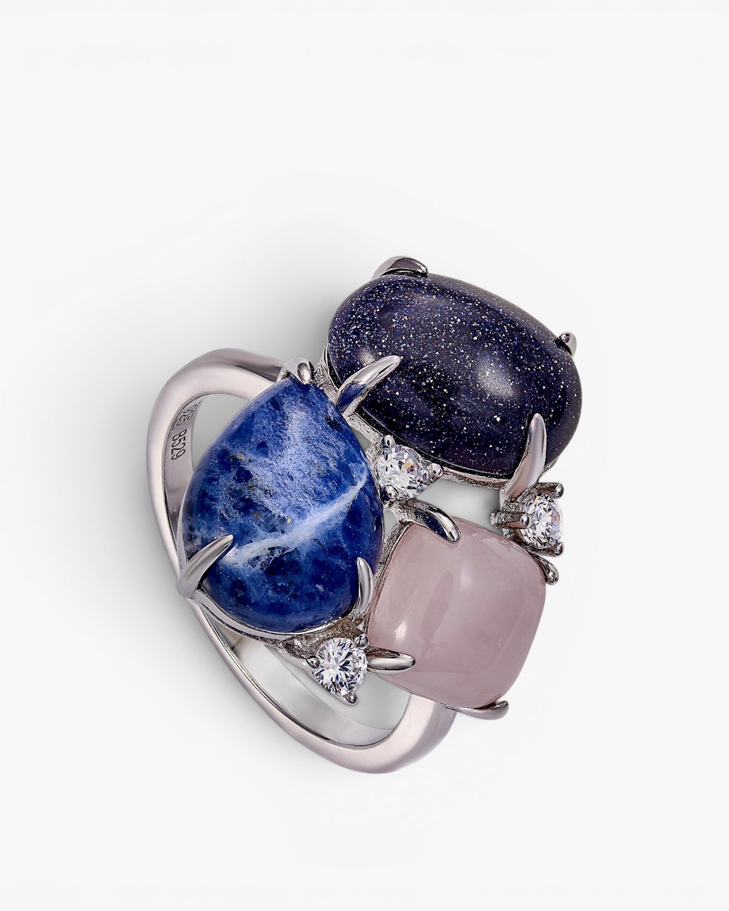 Rings with blue-toned stones and cubic zirconia