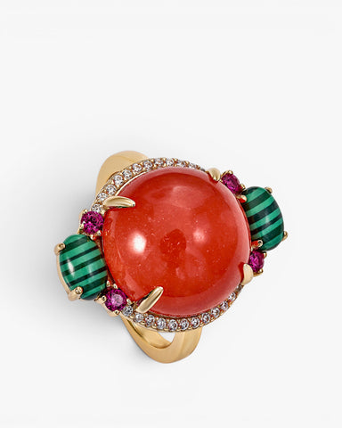 Rings with natural stones, circular design, orange tone