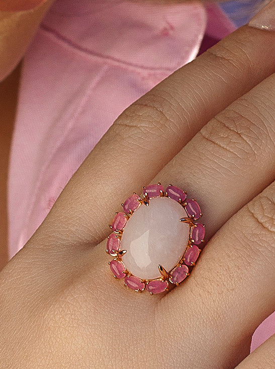 Rings with natural stones, pink flower design
