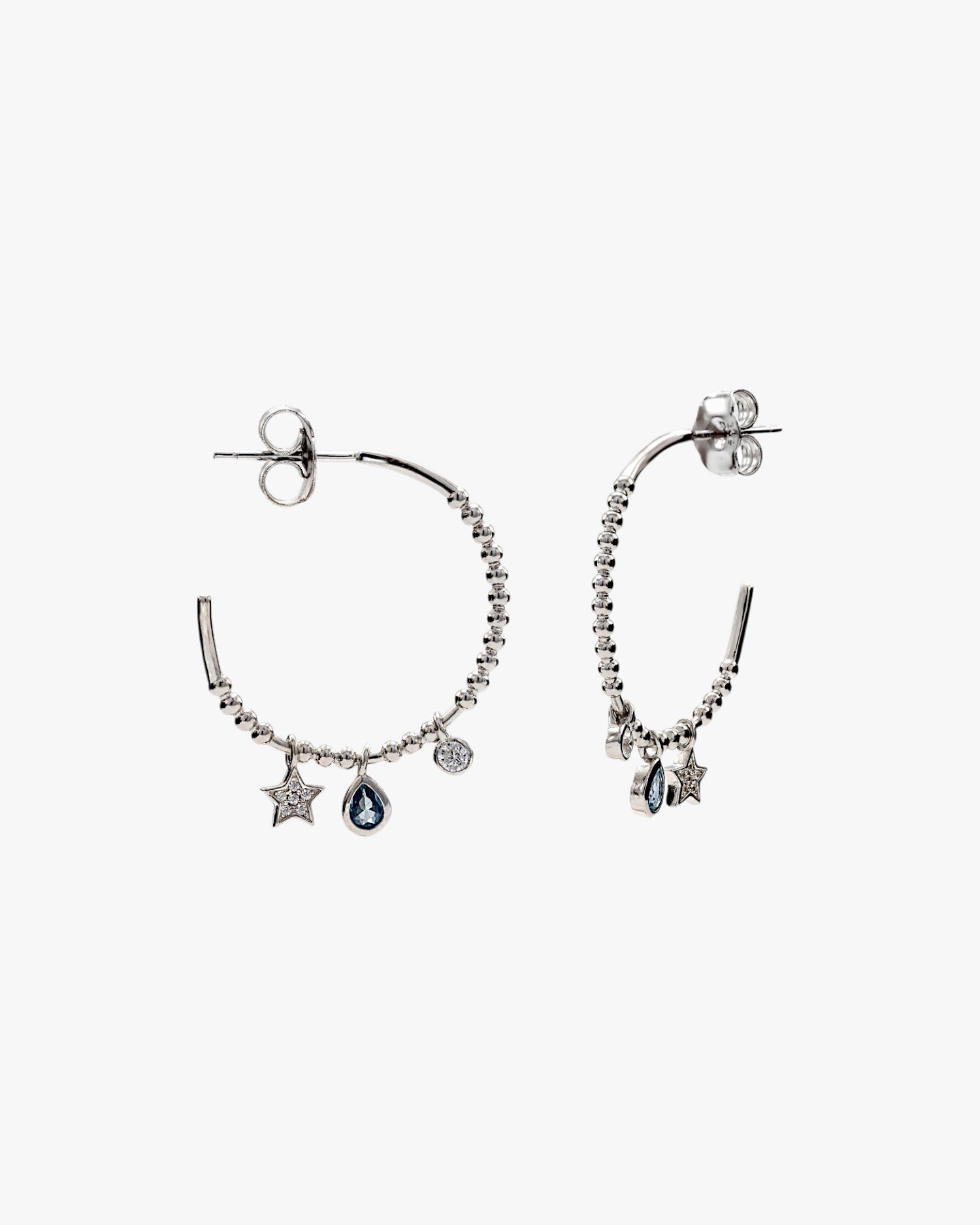 Boucles d'oreilles créoles avec pendentifs en forme de larme et de lune ronde