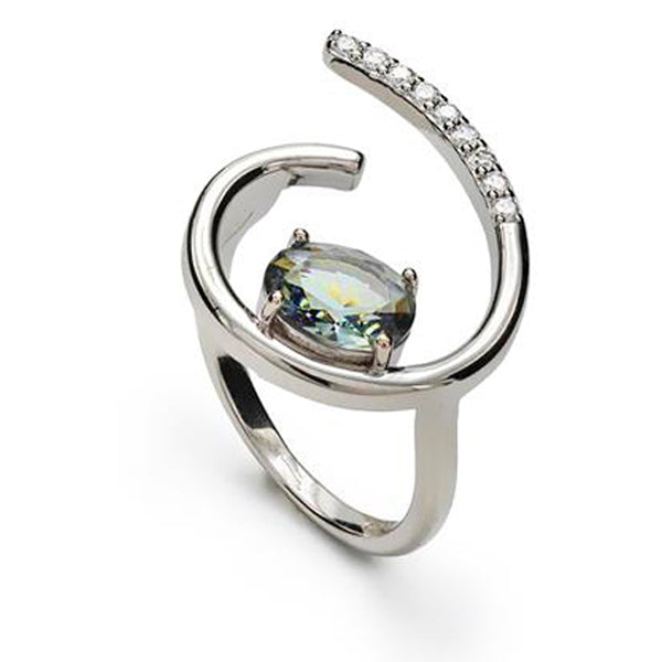 Semi-open design rings with central gemstone and cubic zirconia