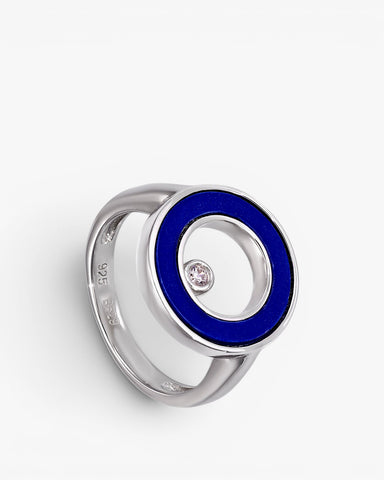Bagues de créateur avec un cercle central de lapis-lazuli et de zirconiums cubiques