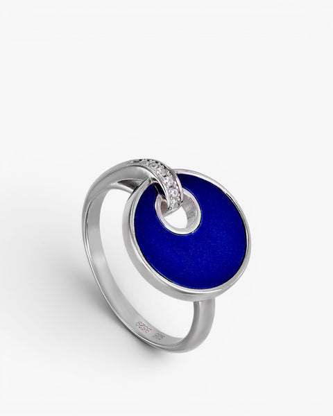 Designer rings with blue circle and cubic zirconia detail