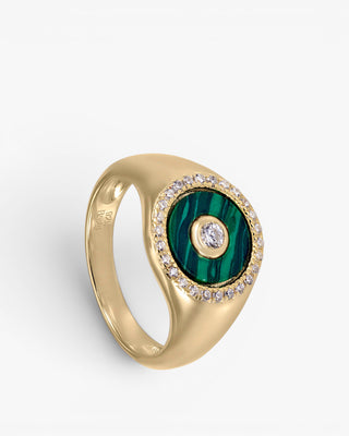 Anillo sello diseño círculo de malaquita y circonitas