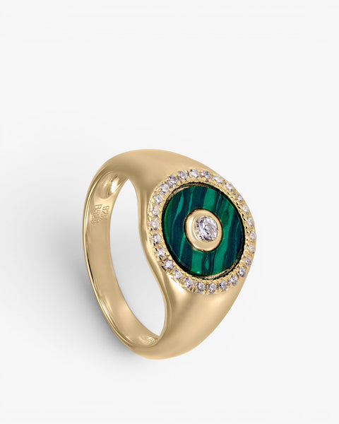 Anillo sello diseño círculo de malaquita y circonitas