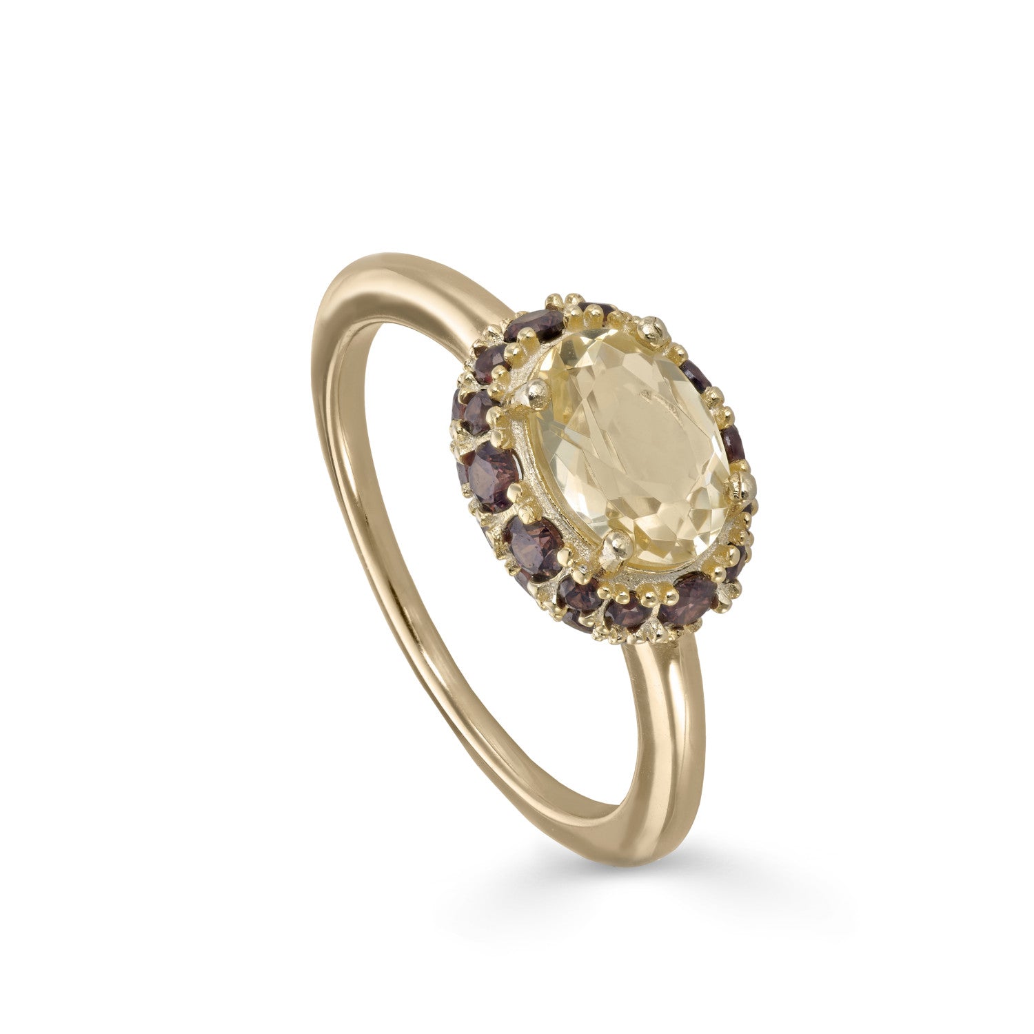 Rings with central motif stones in shades of yellow and garnet
