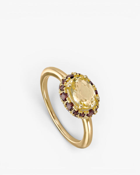 Rings with central motif stones in shades of yellow and garnet