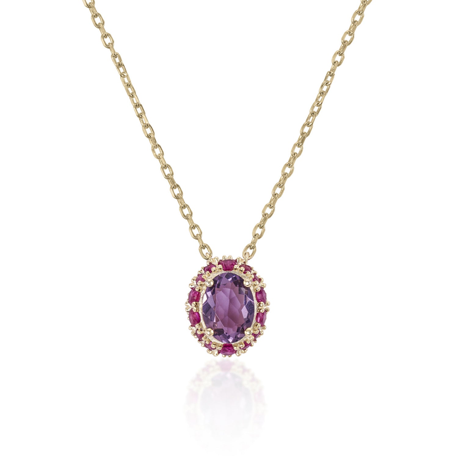 Necklaces with central motif stones in shades of violet and pink