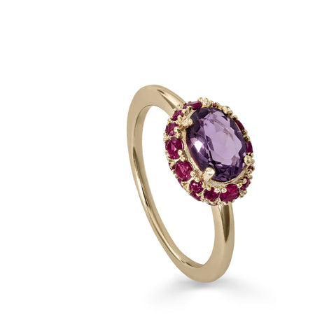 Rings with central motif stones in shades of violet and pink