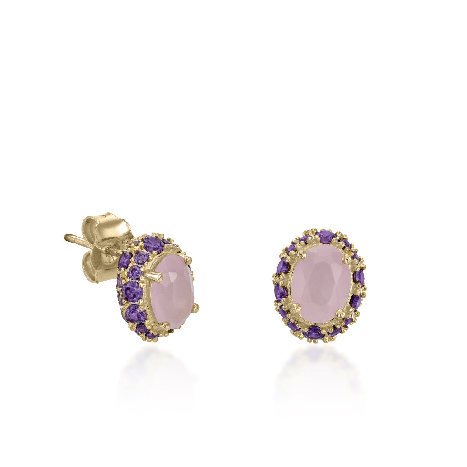Stud earrings in pale pink and violet tones