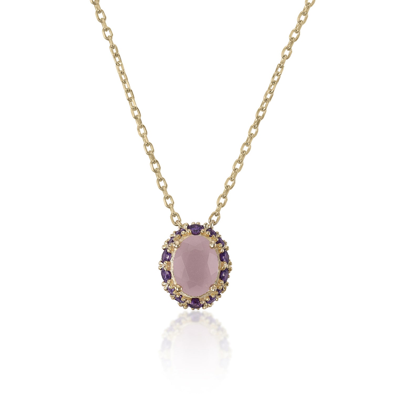 Necklaces with central motif stones in pale pink and violet tones