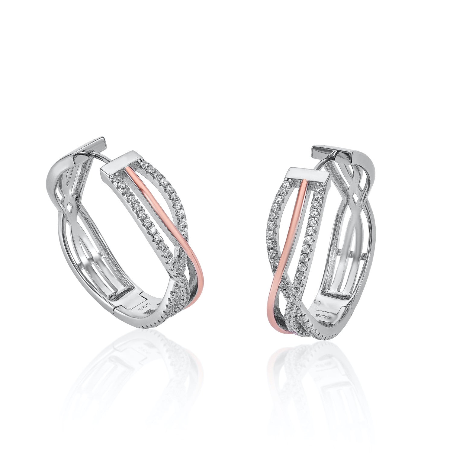 Boucles d'oreilles créoles originaux design de rail bicolore et zircons