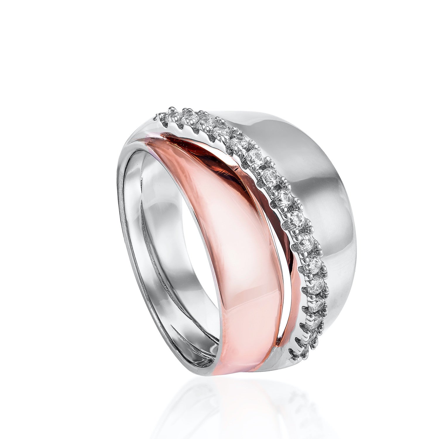 Anillos anchos diseño de tres carriles irregulares y circonitas