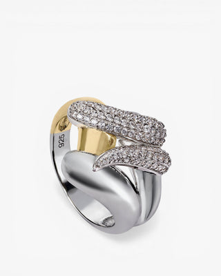 Cubic zirconia rings with a two-tone design and a channel of cubic zirconia
