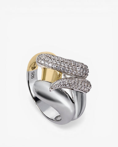 Cubic zirconia rings with a two-tone design and a channel of cubic zirconia