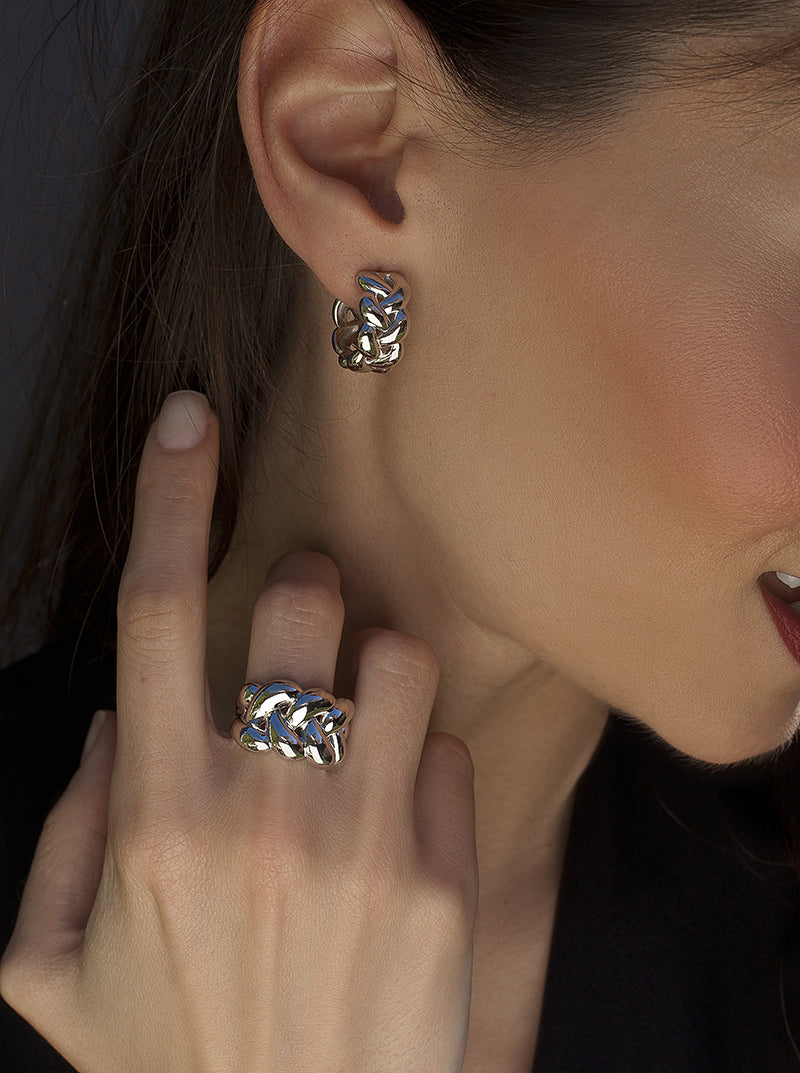 Plain silver hoop earrings with chain design