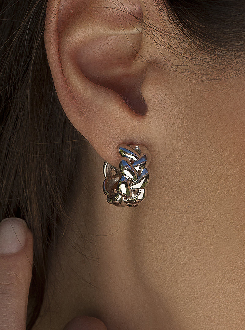 Plain silver hoop earrings with chain design