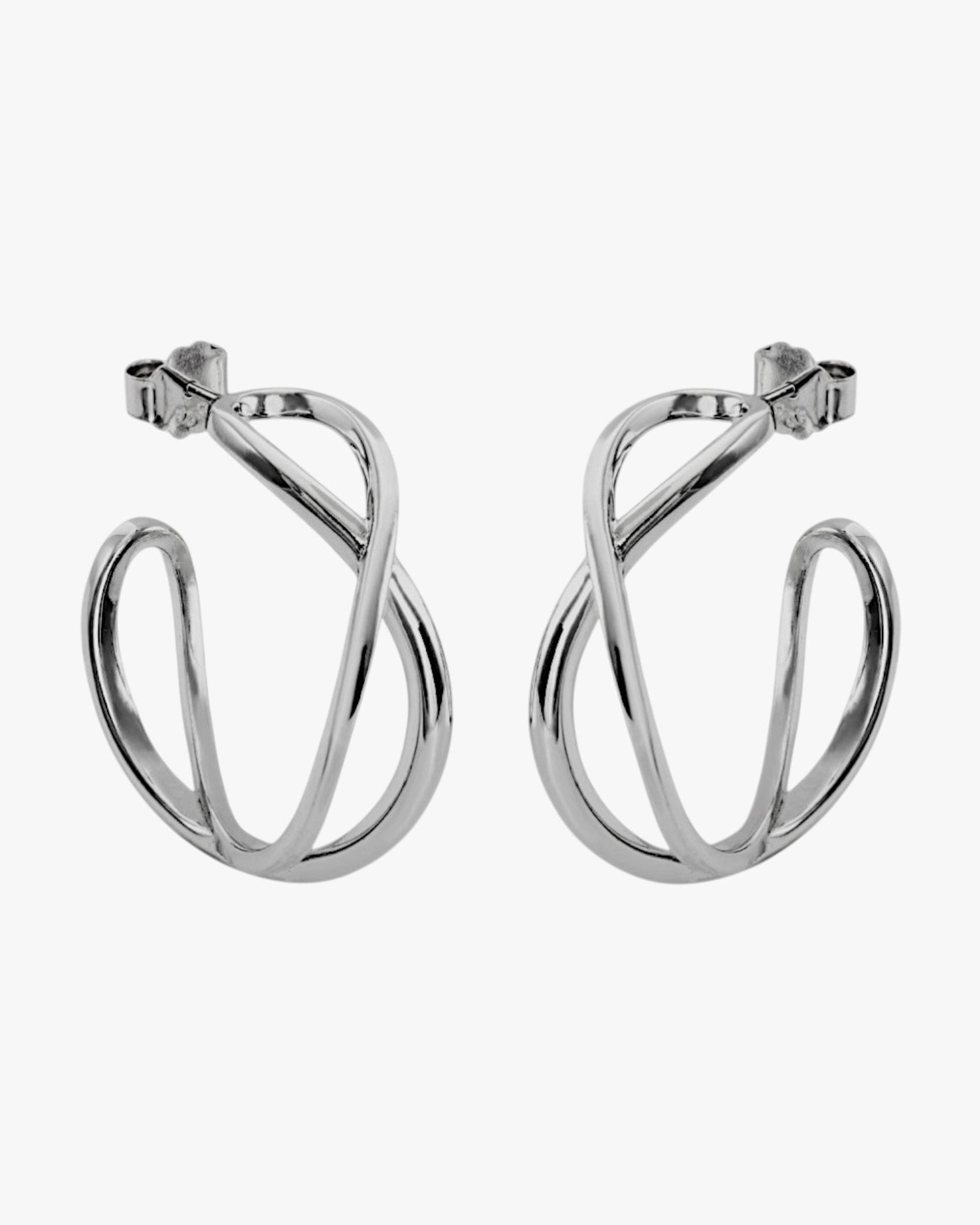 Boucles d'oreilles créoles originales avec un design à double canal entrelacé et en argent lisse