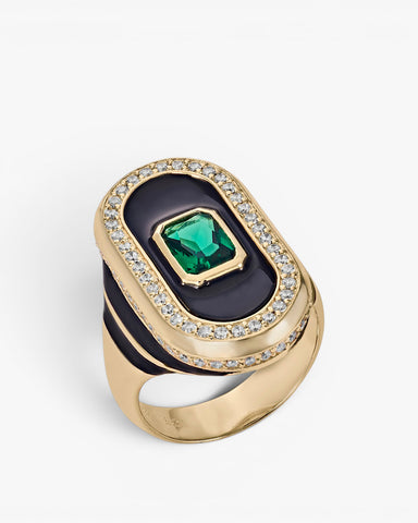 Anillo sello diseño ovalado con circonitas y gema central