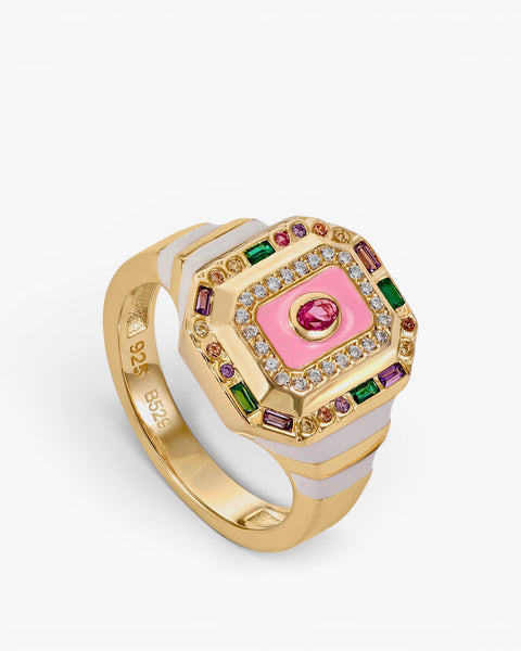 Anillo sello diseño octagonal con esmalte y circonitas