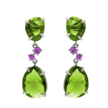 Silver earrings with colored stones in shades of green and cubic zirconia