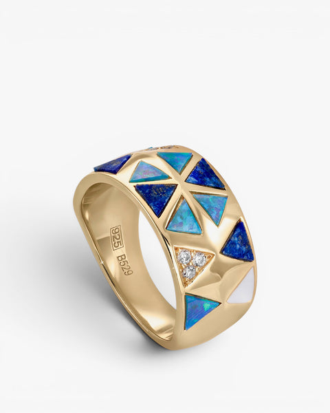 Anillos anchos con lapislazuli y circonitas bañado en oro