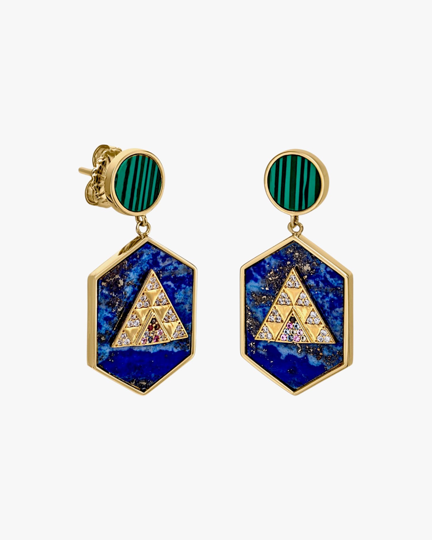 Boucles d'oreilles pendantes en argent composées de lapis-lazuli, de malachite et de zirconiums cubiques
