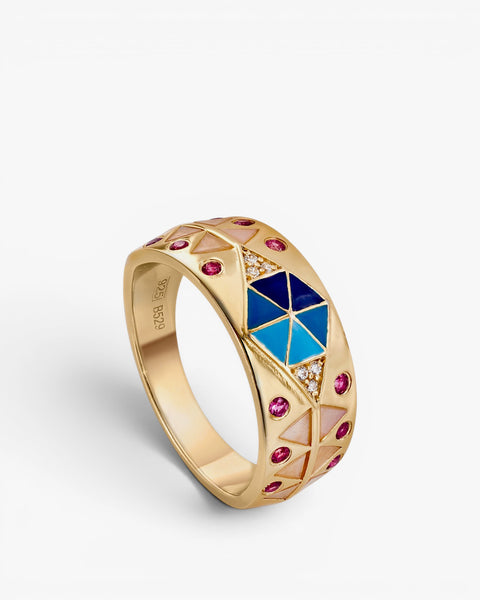 Large multicolored rings with cubic zirconia, gold-plated