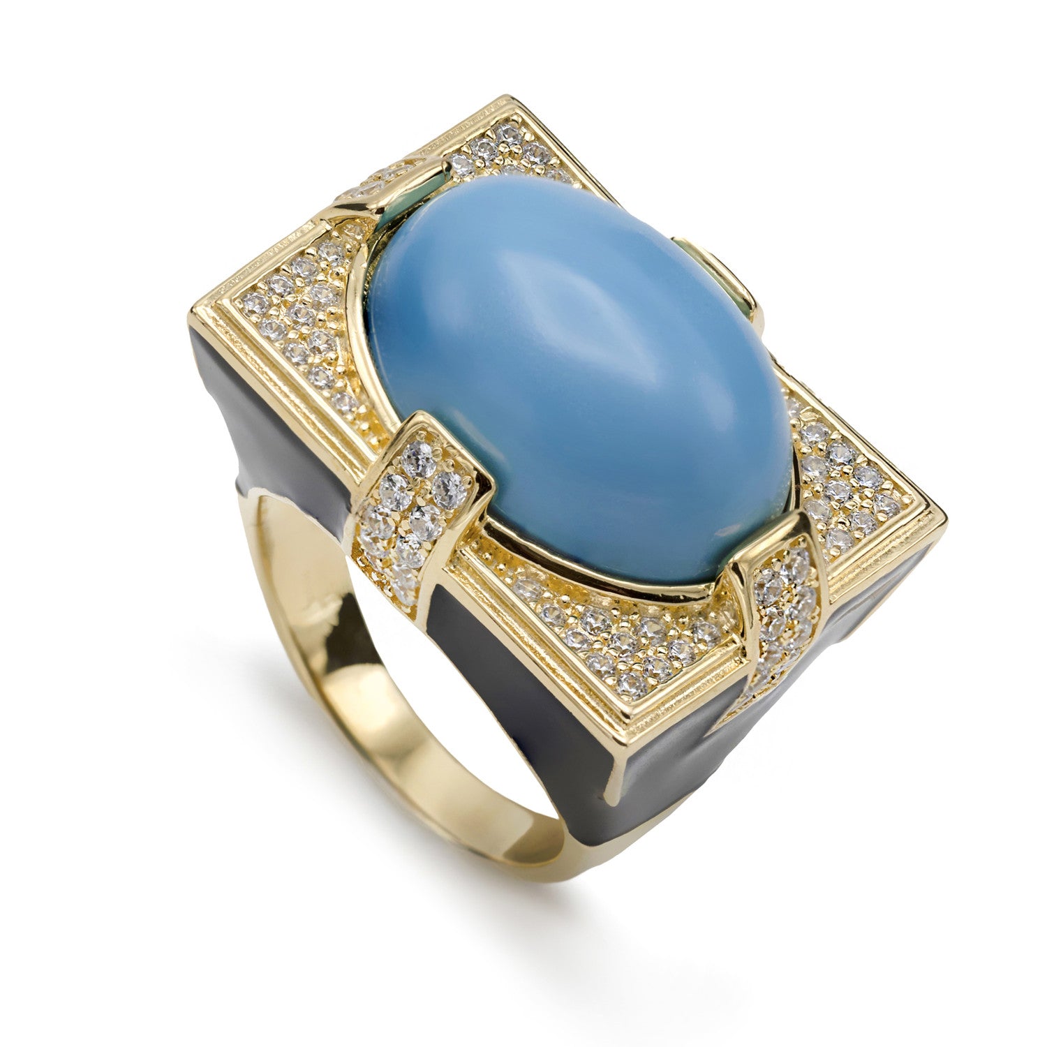 Chevalière rectangulaire ornée de zirconiums cubiques et d'émail