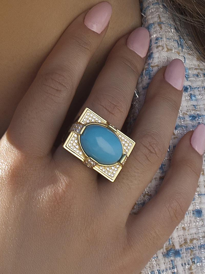 Signet ring rectangular design with cubic zirconia and enamel