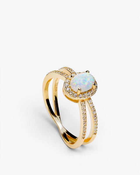 Anillos circonitas de plata bañada en oro diseño ópalo y doble raíl